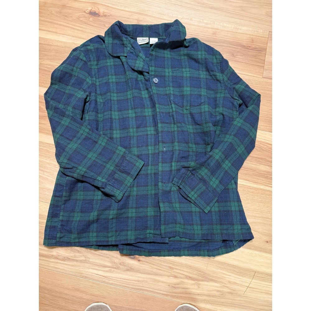 LL Bean Pajama Top Mens XL Black Watch Plaid Flannel Cotton Button Down preppy